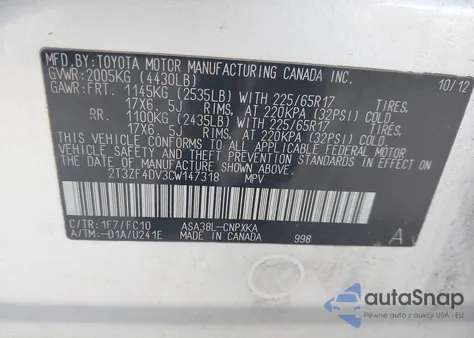 2012 Toyota Rav4 z USA, uszkodzony, nr VIN 2T3ZF4DV3CW147318